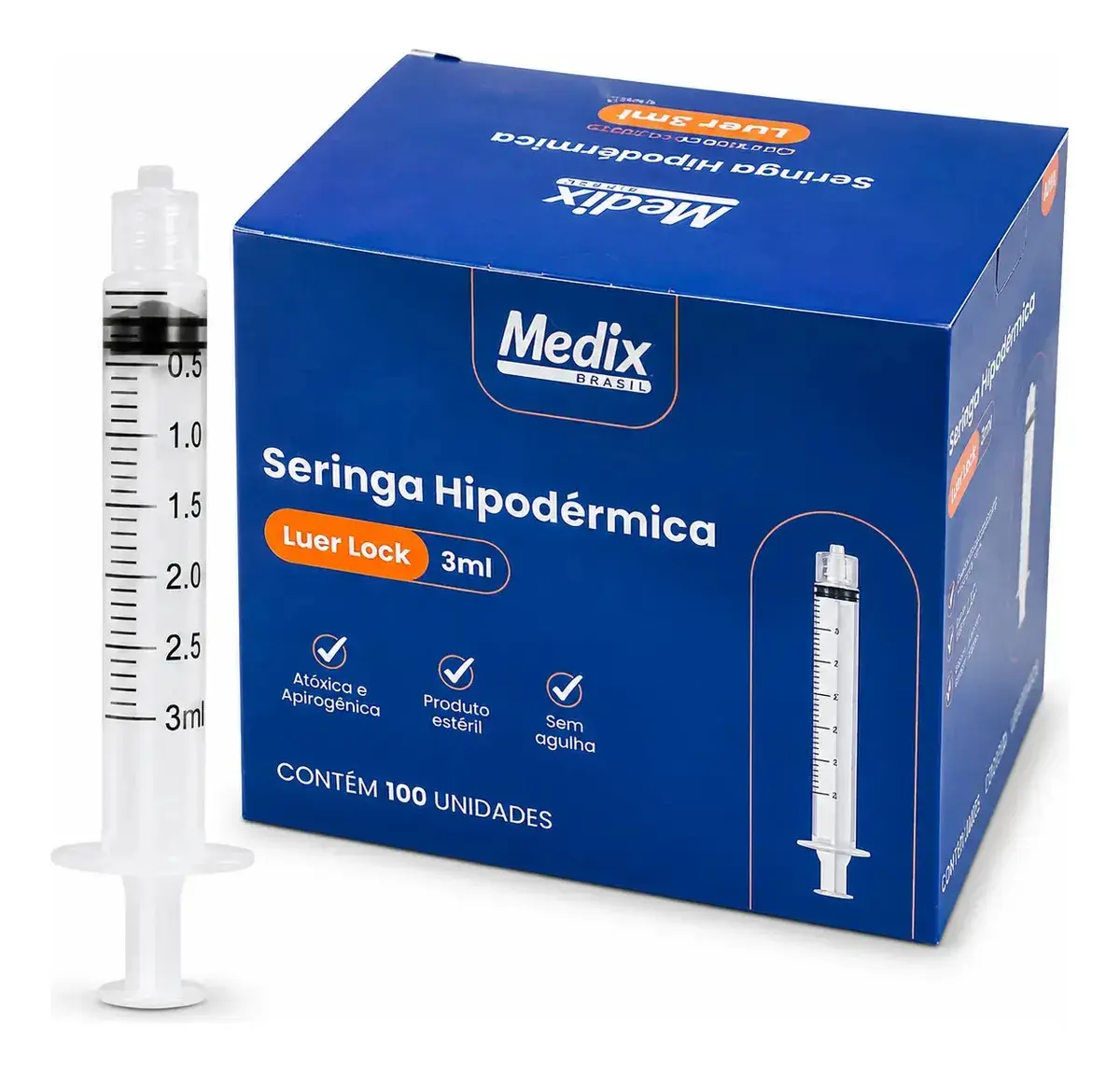 Seringa 3ml Descartável Sem Agulha Luer Lock Caixa 100 Unidades Medix