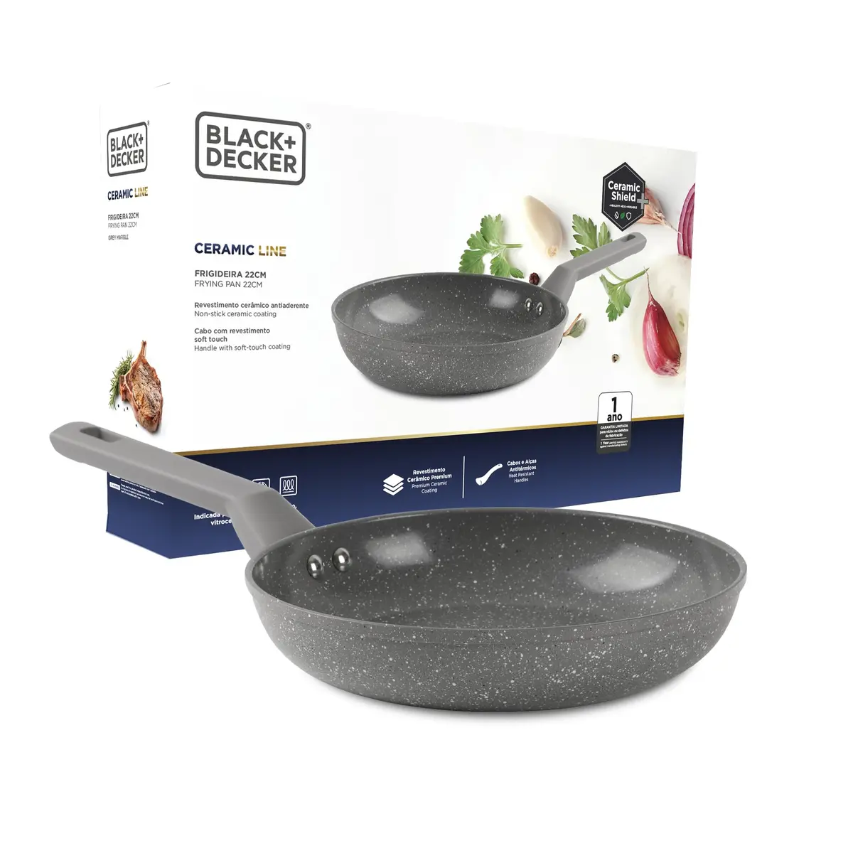 BLACK+DECKER FRIGIDEIRA 20 CM 1,2 LITROS CERAMIC LINE - CORPO COM REVESTIMENTO CERÂMICO ANTIADERENTE COM ACABAMENTO EXTERNO NA COR CINZA E BASE COMPATÍVEL COM INDUÇÃO - GREY MARBLE - 1