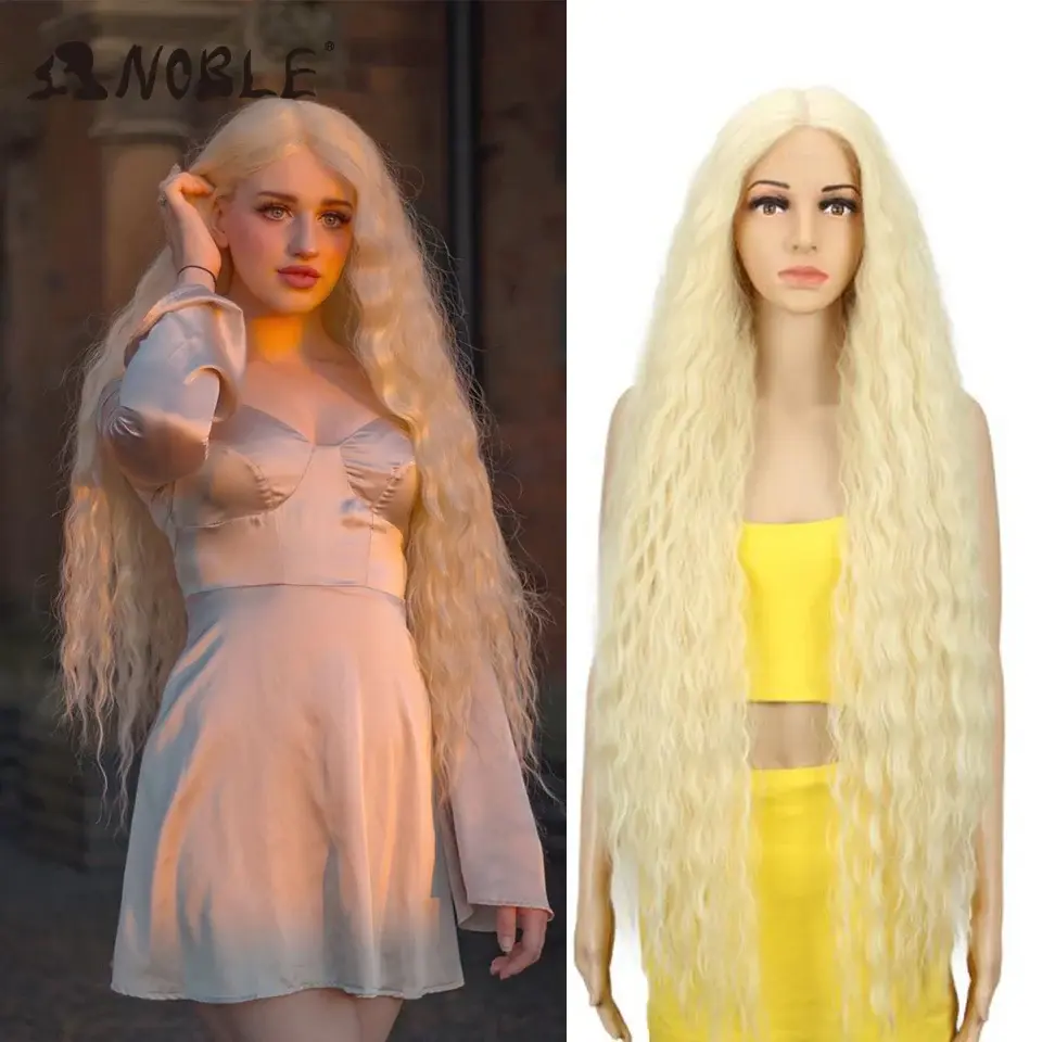 Peruca dianteira de renda sintética nobre peruca encaracolada de 42 Polegada de comprimento para as mulheres peruca dianteira do laço peruca loira peruca cheia do laço cosplay peruca loira - 1