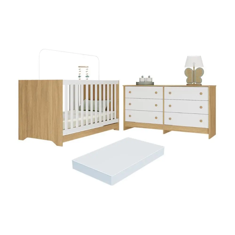 Berço Americano 3 em 1 com Colchão Incluso e Cômoda Caramelo Multimóveis Mp4678 Madeirado/branco