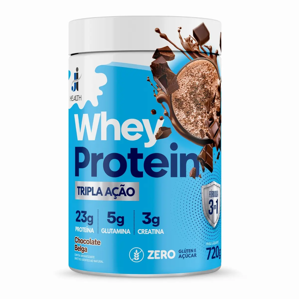 Whey Protein com Creatina e Glutamina J I Health, Chocolate, 720g | Zero Açúcar, Zero Glúten
