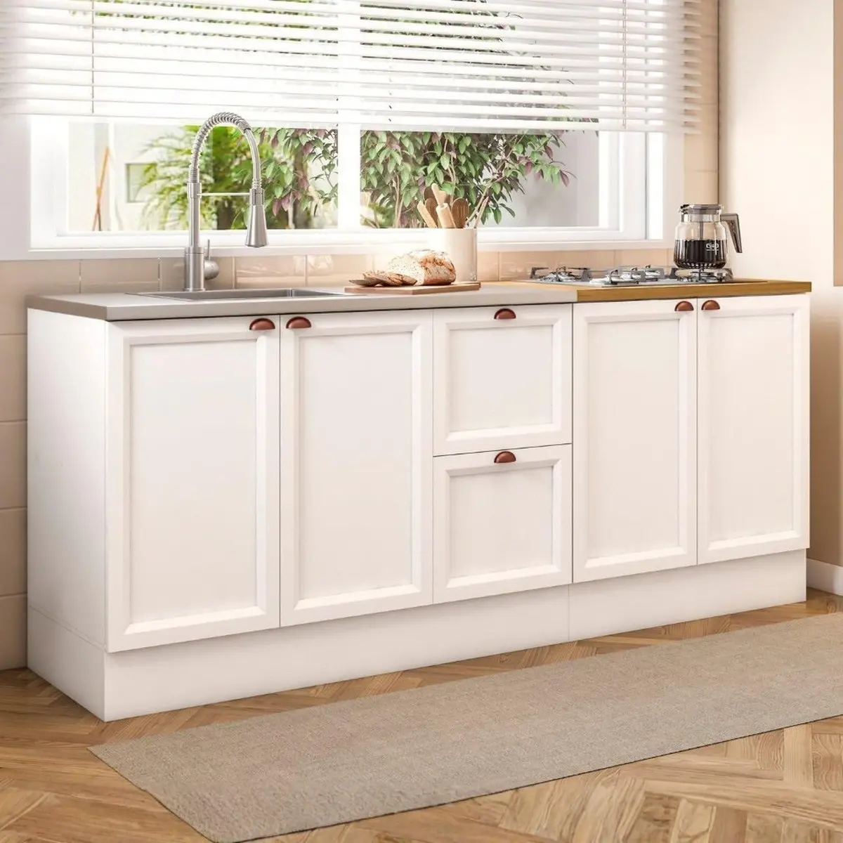 Cozinha Modulada Compacta Americana 2 Peças com Balcão para Pia Unna Branco Branco - 1
