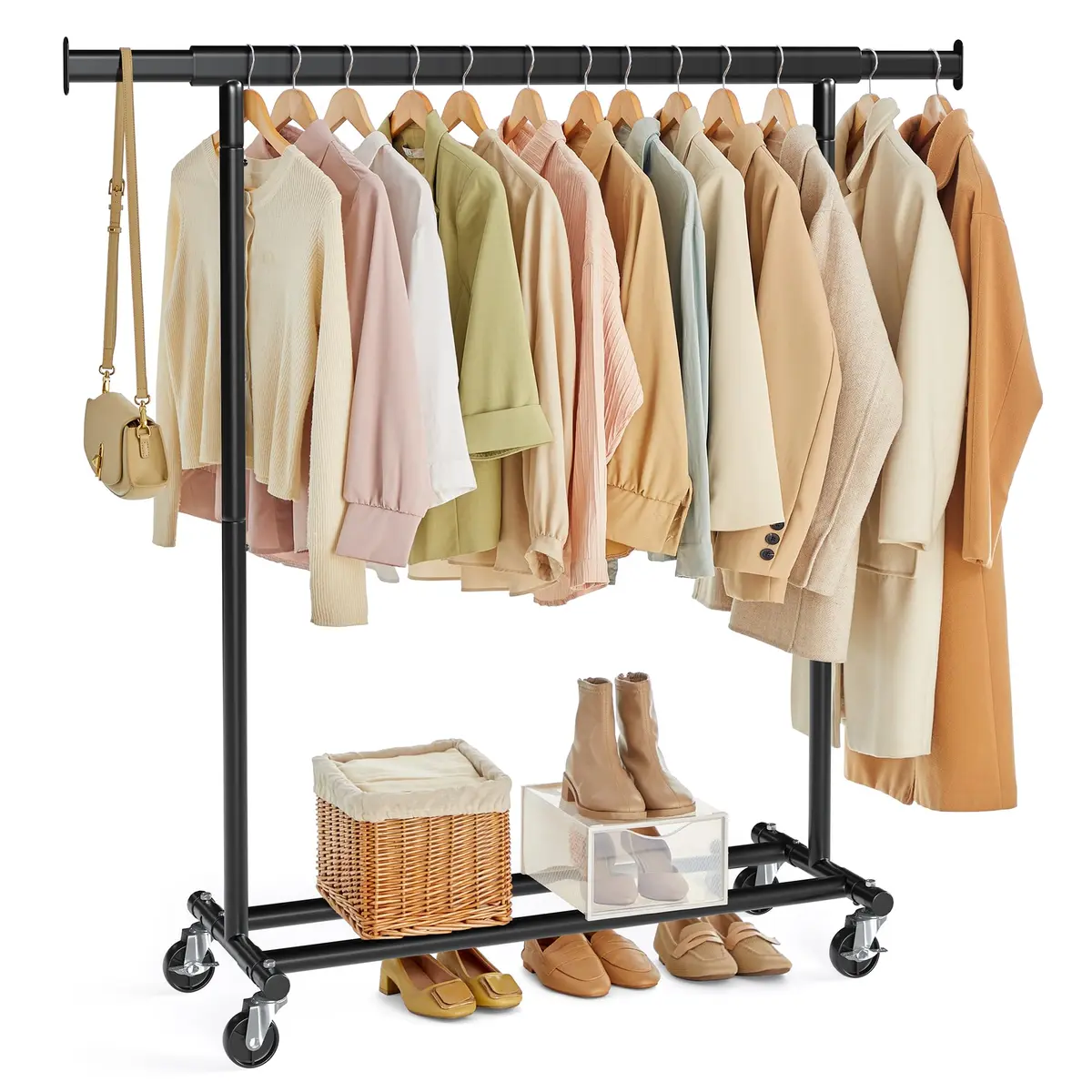 SONGMICS Cabideiro com Rodas, Estrutura Reforçada, 45 x (92-132) x 161,5 cm, com Barra Extensível, Capacidade 100 kg, Montagem Fácil, Portátil, Preto BRHSR13BKV1