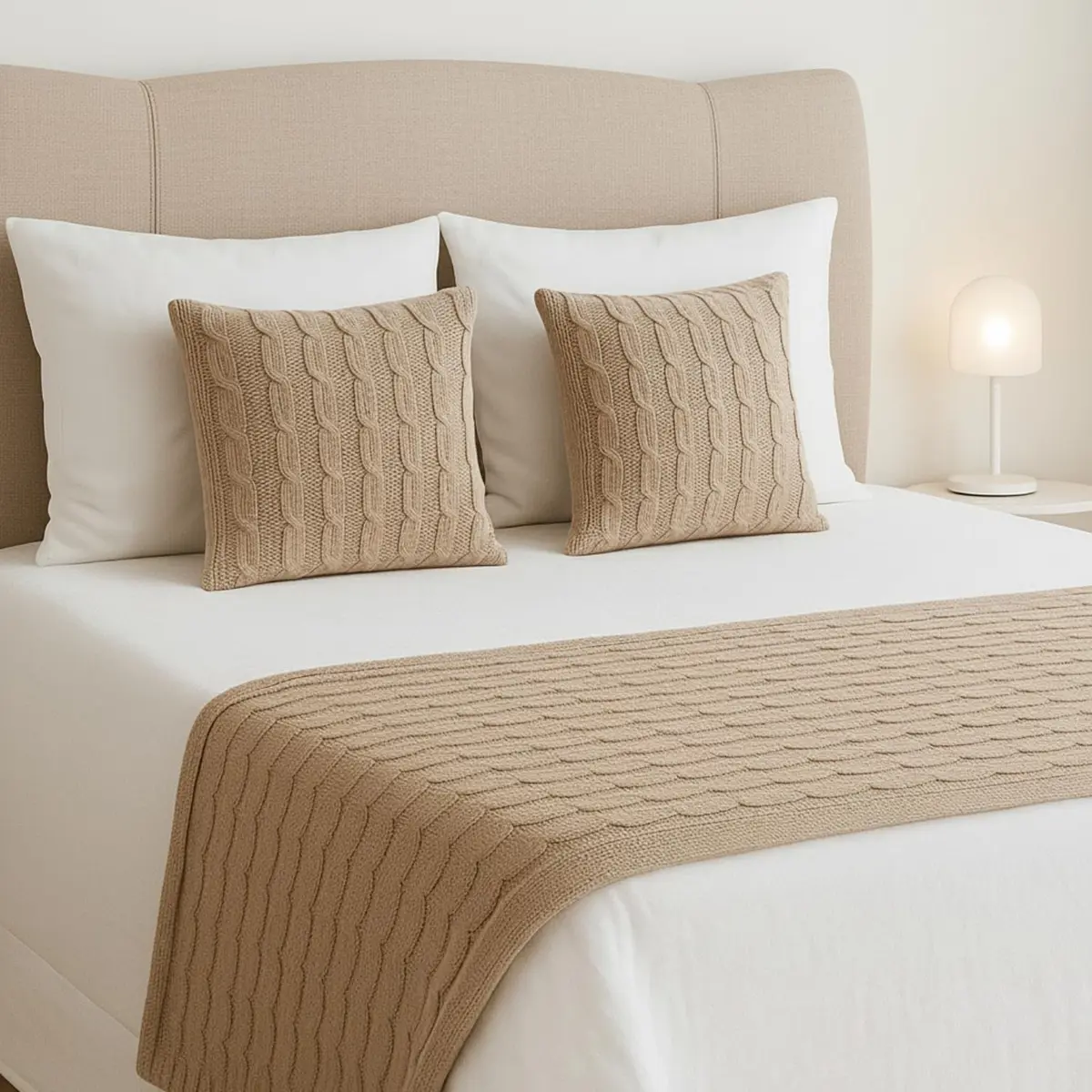 Kit Peseira King e Capas de Almofada Tricot Decorativo Cama Sofá Bem Lunar | Peseira 260x60cm e 2 Capas de Almofada 45x45cm. Conjunto Premium dupla face.