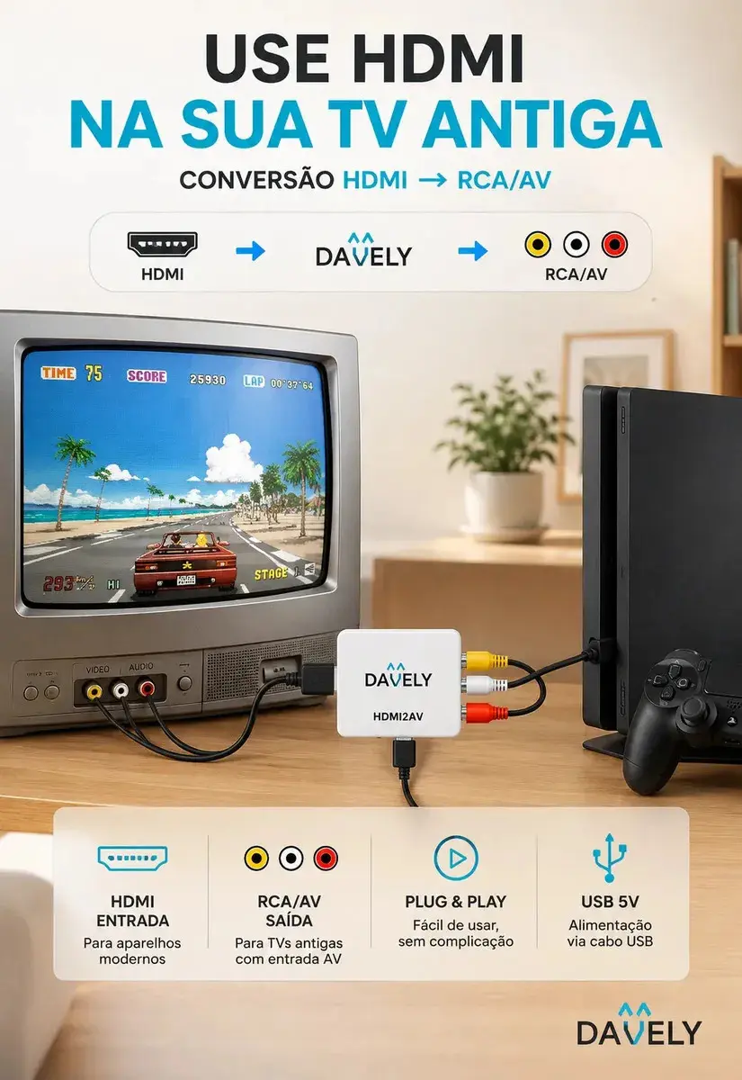 Mini Adaptador Hdmi Para Rca Conversor Full Hd Vídeo Hdmi P/ Vídeo Rca 2av - Conectar Seus Aparelhos Com Saída Hdmi Em Sua Tv - Converter Qualquer Sinal Hdmi - Full Hd Marca Davely Branco thumbnail 3