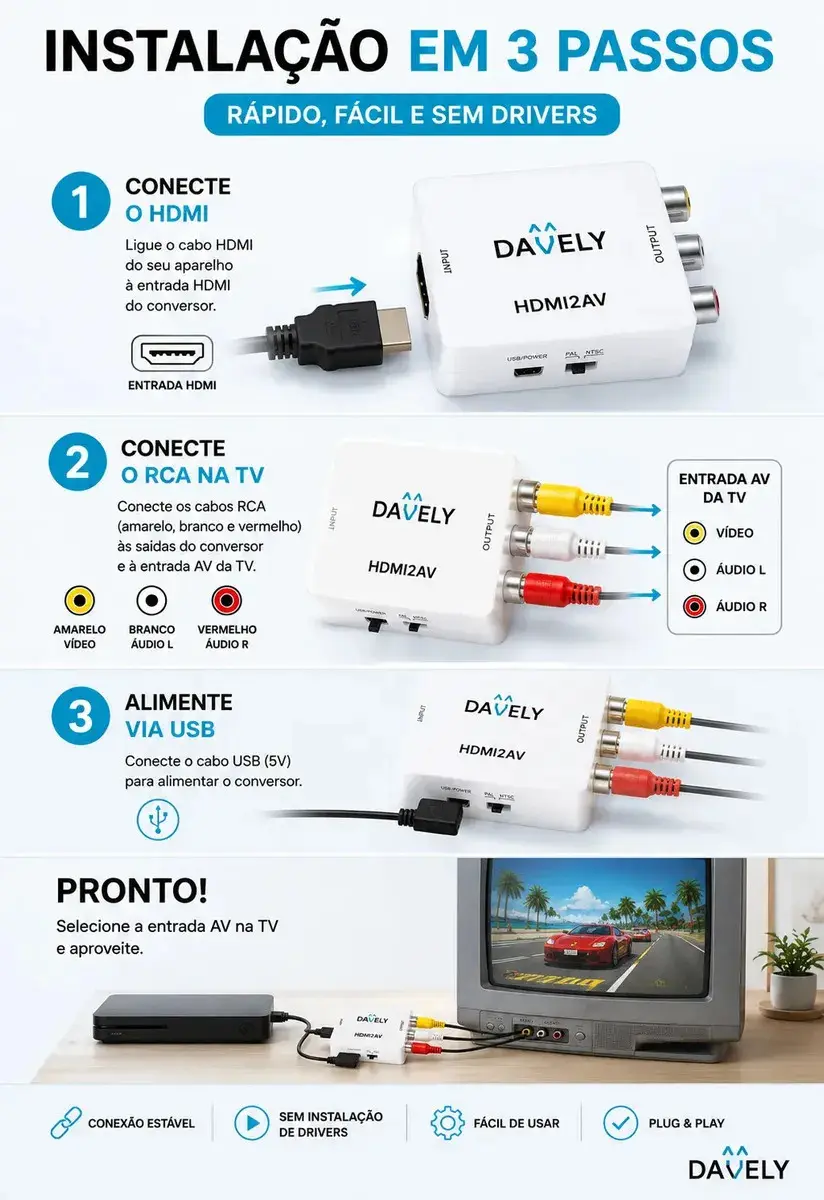 Mini Adaptador Hdmi Para Rca Conversor Full Hd Vídeo Hdmi P/ Vídeo Rca 2av - Conectar Seus Aparelhos Com Saída Hdmi Em Sua Tv - Converter Qualquer Sinal Hdmi - Full Hd Marca Davely Branco thumbnail 4