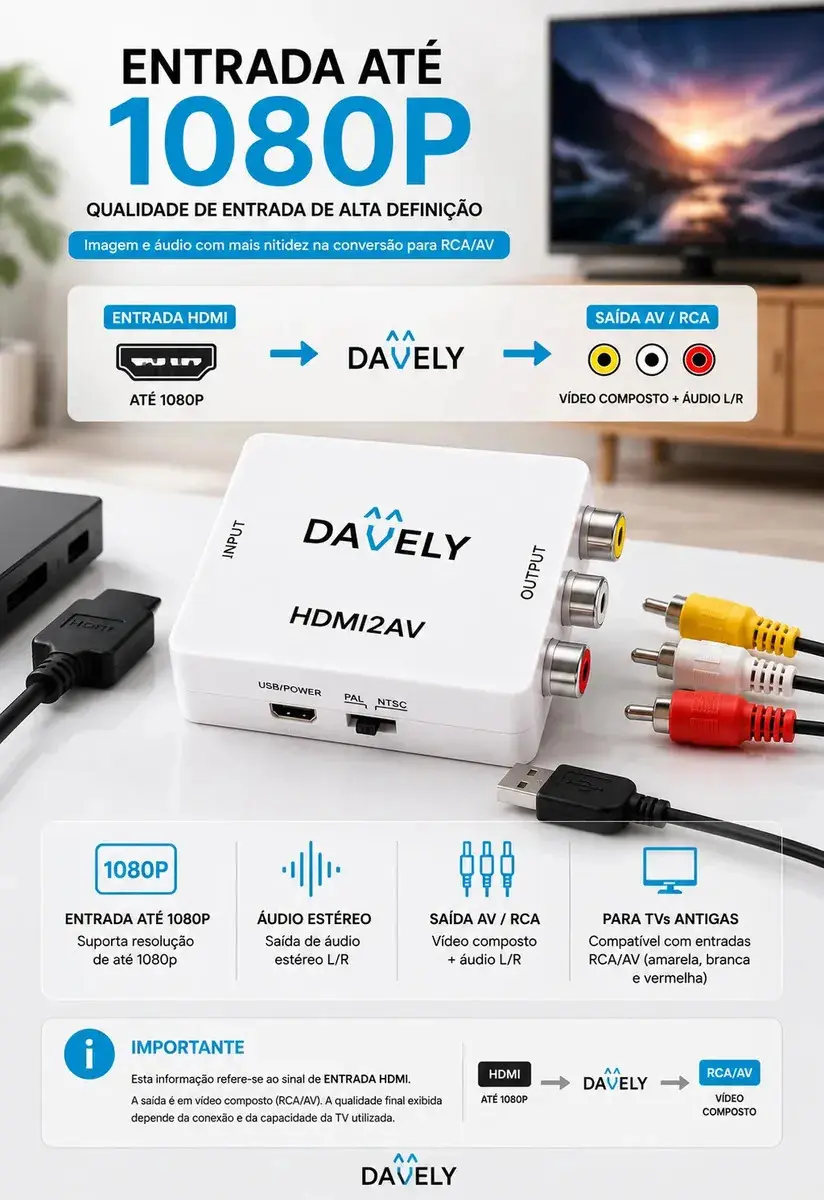 Mini Adaptador Hdmi Para Rca Conversor Full Hd Vídeo Hdmi P/ Vídeo Rca 2av - Conectar Seus Aparelhos Com Saída Hdmi Em Sua Tv - Converter Qualquer Sinal Hdmi - Full Hd Marca Davely Branco thumbnail 6