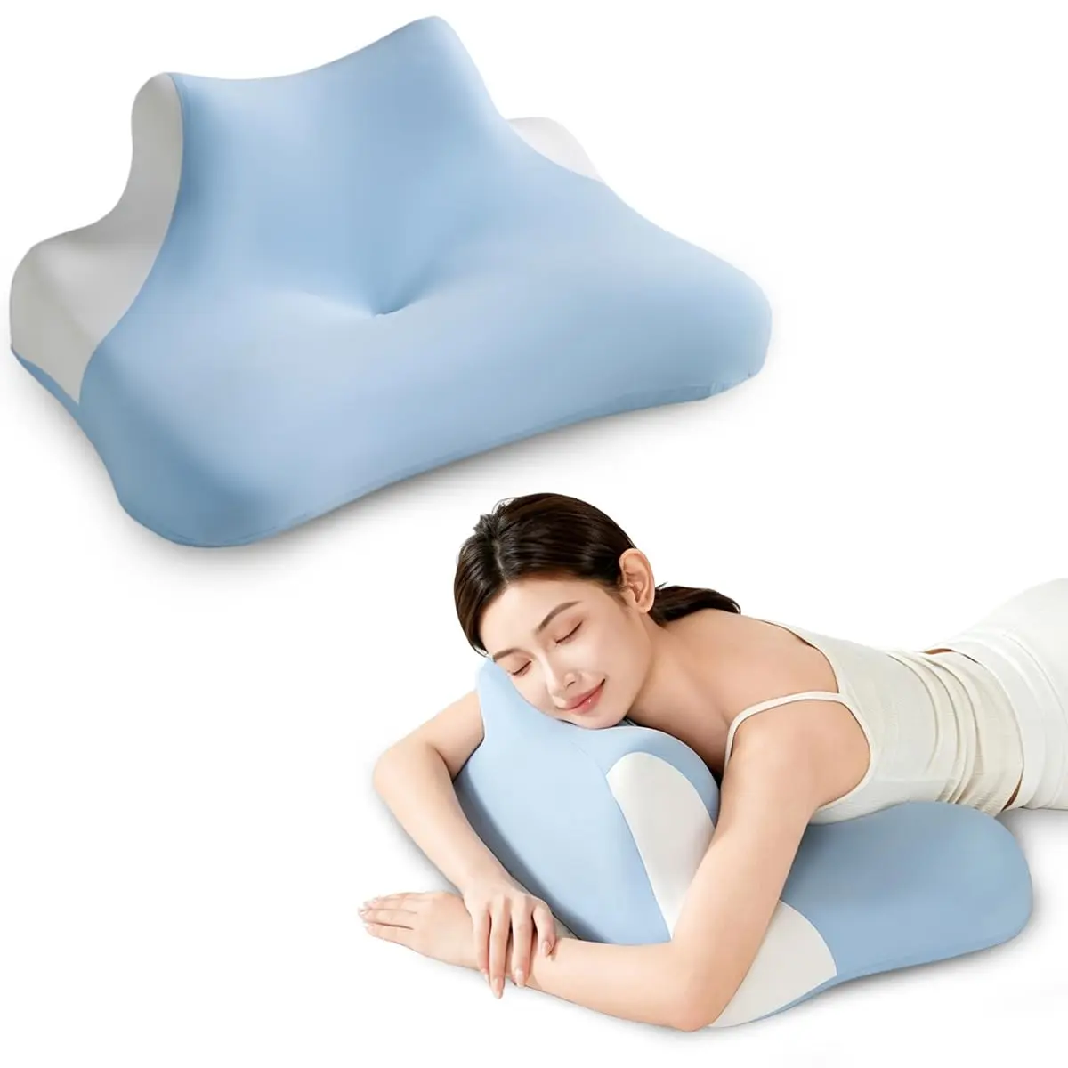 Travesseiro Ergonômico de Espuma Viscoelástica para Deitar de Rosto – Almofada Multifuncional para Dormir, Descansar e Apoiar a Cabeça com Capa Removível e Lavável (Azul claro) - 1