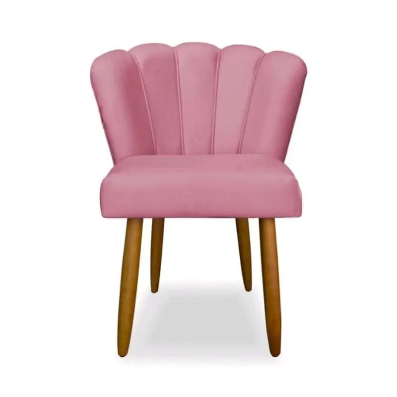 Cadeira Pétala para Penteadeira em Veludo com Pés de Madeira(Rosa) | Conforto compacto para manicure, penteadeira, recepção ou quarto, com veludo macio, espuma D26 e pés de madeira.