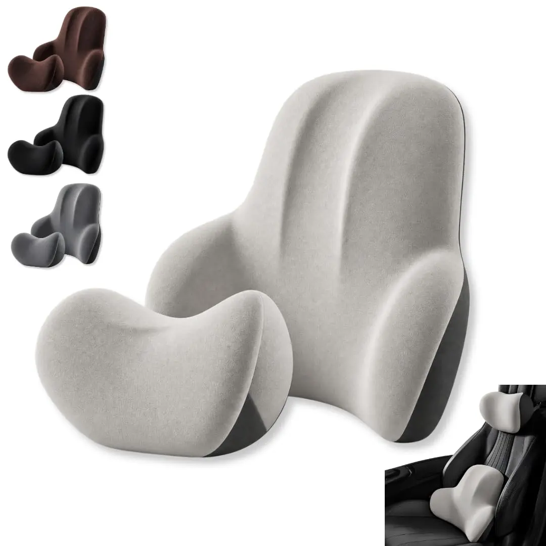Kit Apoio Lombar e Encosto de Cabeça Ergonômico P/Banco de Carro | Branco | Espuma de memória com tecido lavável e de alta elasticidade, proporcionando conforto e suporte durante viagens e uso diário. - 1