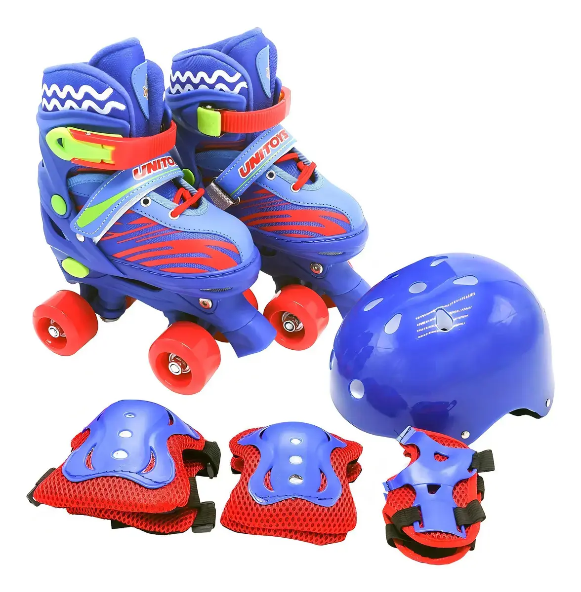 Patins Quad 4 Rodas Azul Infantil Com Kit Proteção e Capacete Ajustável Tam P (30-33)