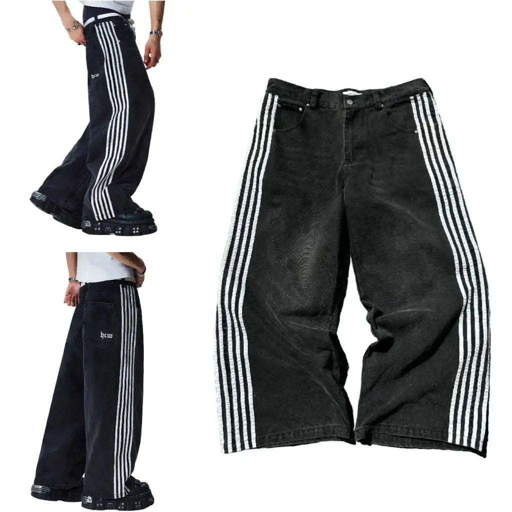Calças De Brim Largas Harajuku Goth Y2k Jeans Para Homens Preto Listrado Novo Hip Hop Bordado Perna Larga High Street St - 1