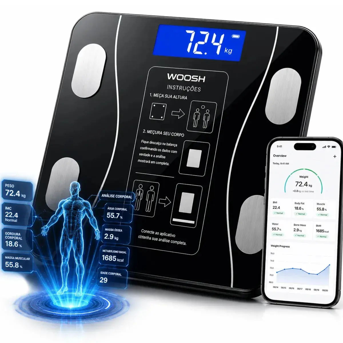 Balança de Bioimpedância Digital Woosh Smart IMC para Academia e Banheiro com Bluetooth e App, até 190 kg