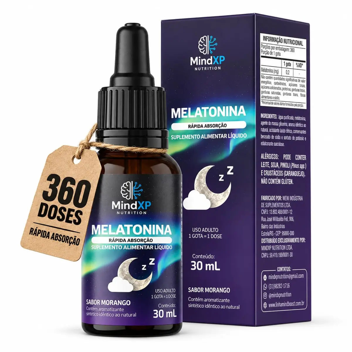 Melatonina em Gotas 0,21 mg 30 ml Morango 360 Doses MindXP Nutrition | Uso sublingual com conta-gotas para uma rotina noturna mais prática.