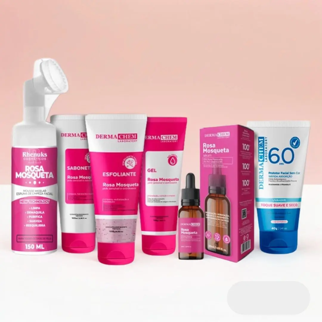 Kit Skincare Rosa Mosqueta + Mousse Micelar Rosa Rhenuks+Serum Rosa Mosqueta Clareador 100% EFICACIA+Protetor Solar FPS60 Sem Cor