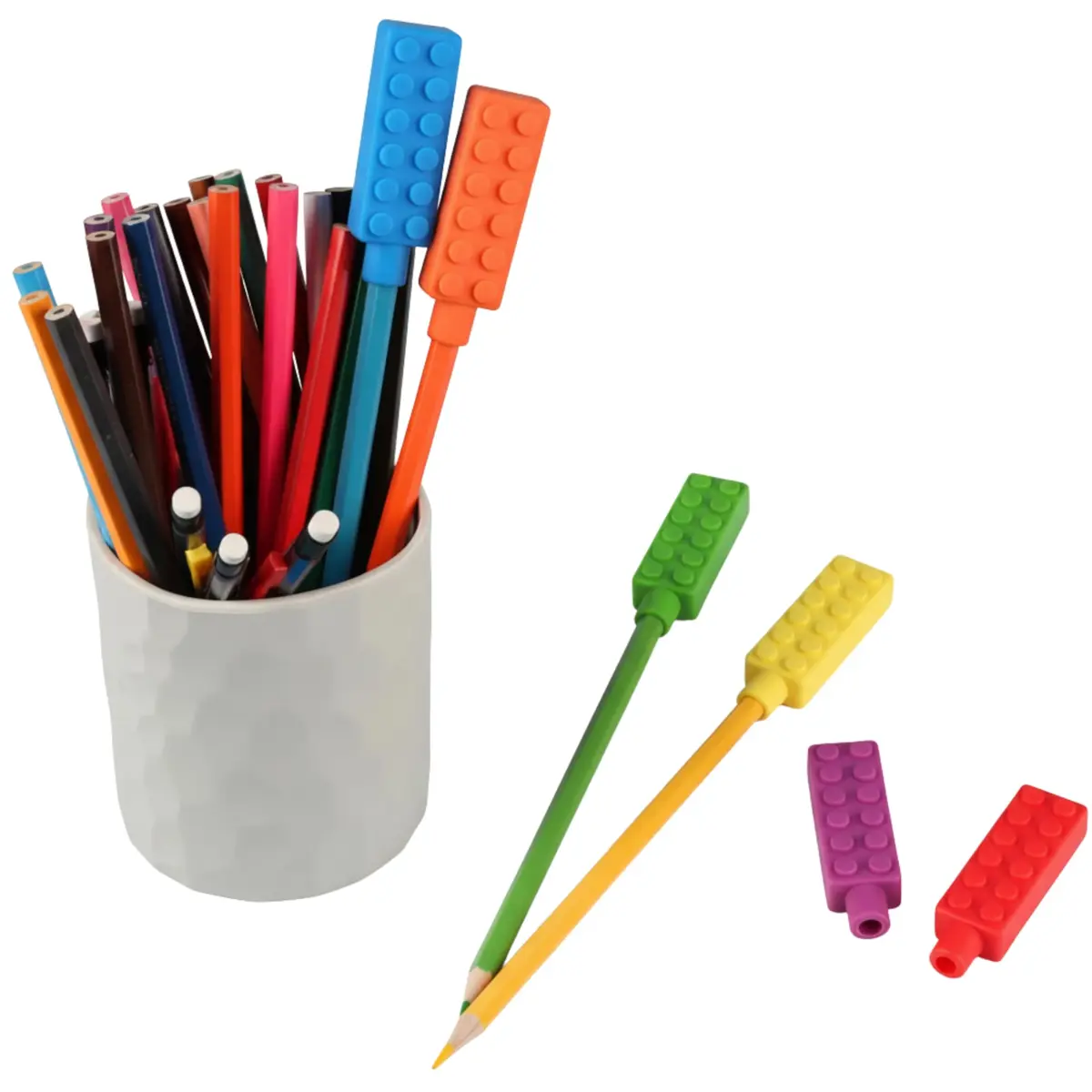 Kit 3 Unidades Mordedor Sensorial Ponteira de Silicone para Lápis e Caneta Formato Bloco Textura Tátil Autismo Anti Estresse Ansiedade
