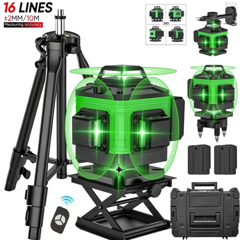 Nível a Laser 4D de 16 Linhas Verde com Tripé e Nivelamento Automático 360 ° Nível a Laser Horizontal e Vertical, Ferramentas Profissionais para Construção com 2 Baterias