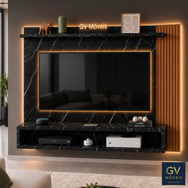 Painel 60 Polegadas TV Pintura Marmorizada e Ripada 3D Industrial, Possui Nicho Amplo Ideal Sala - 1