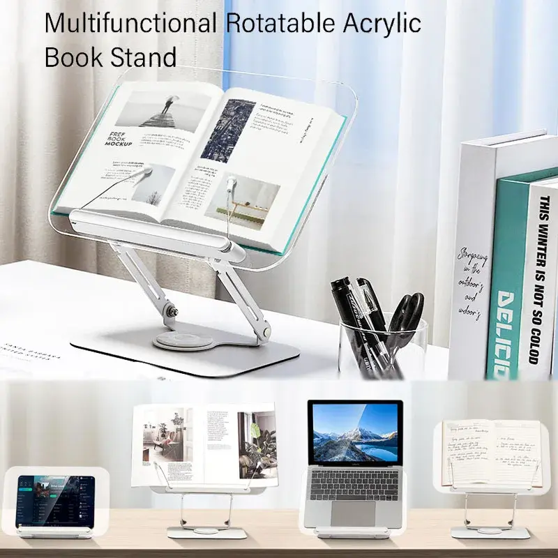 NOVO Suporte para livros para leitura Suporte para livros ajustável com 360 ° Clipes de página elásticos com base giratória Suporte dobrável para riser de mesa