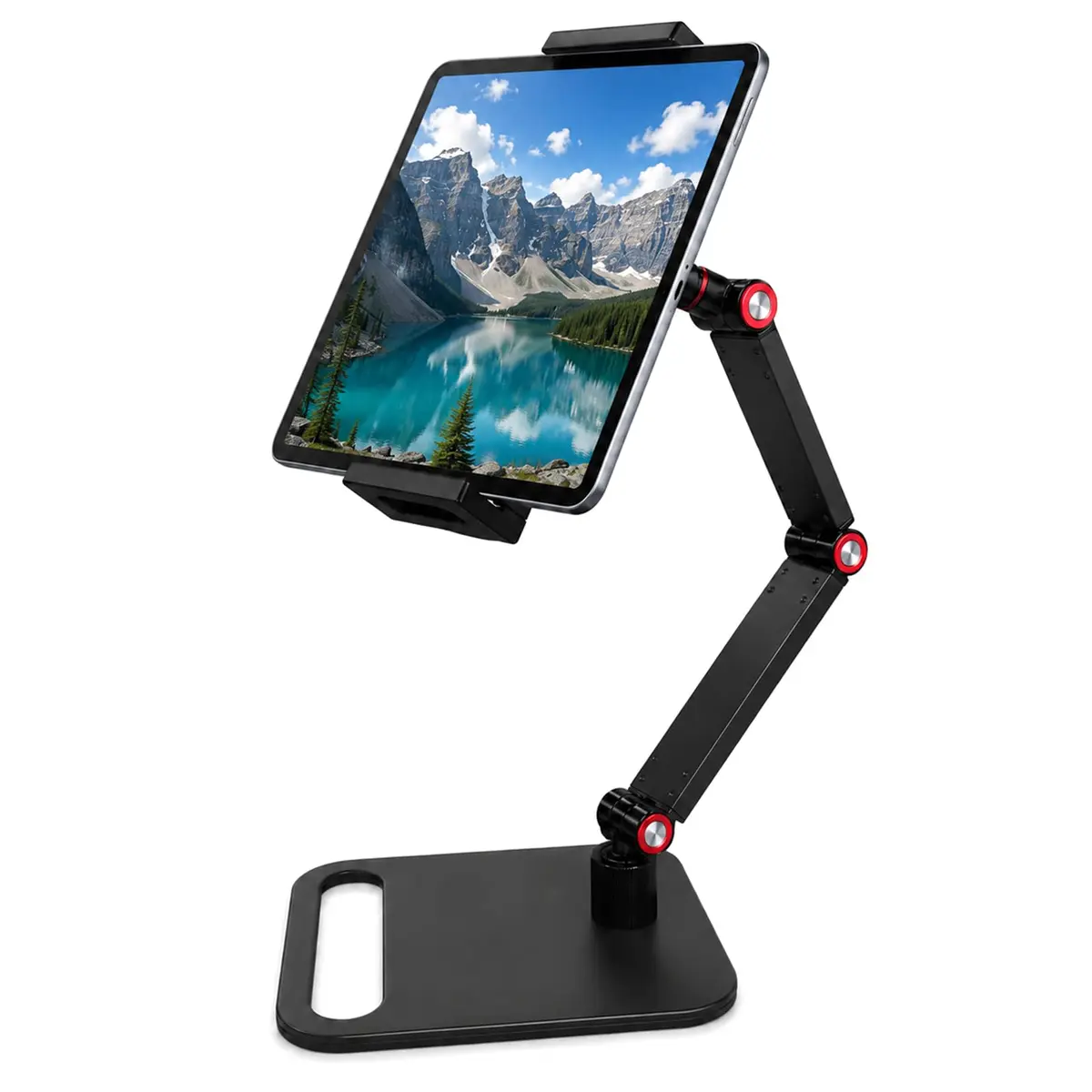 Suporte de Mesa Para Tablet Celular Com Base Giratória 360°– Ajustável, Dobrável e Retrátil Na Vertical, Resistente e Durável, Altamente Compatível, Para Secretárias Domésticas e Escritórios (Preto)