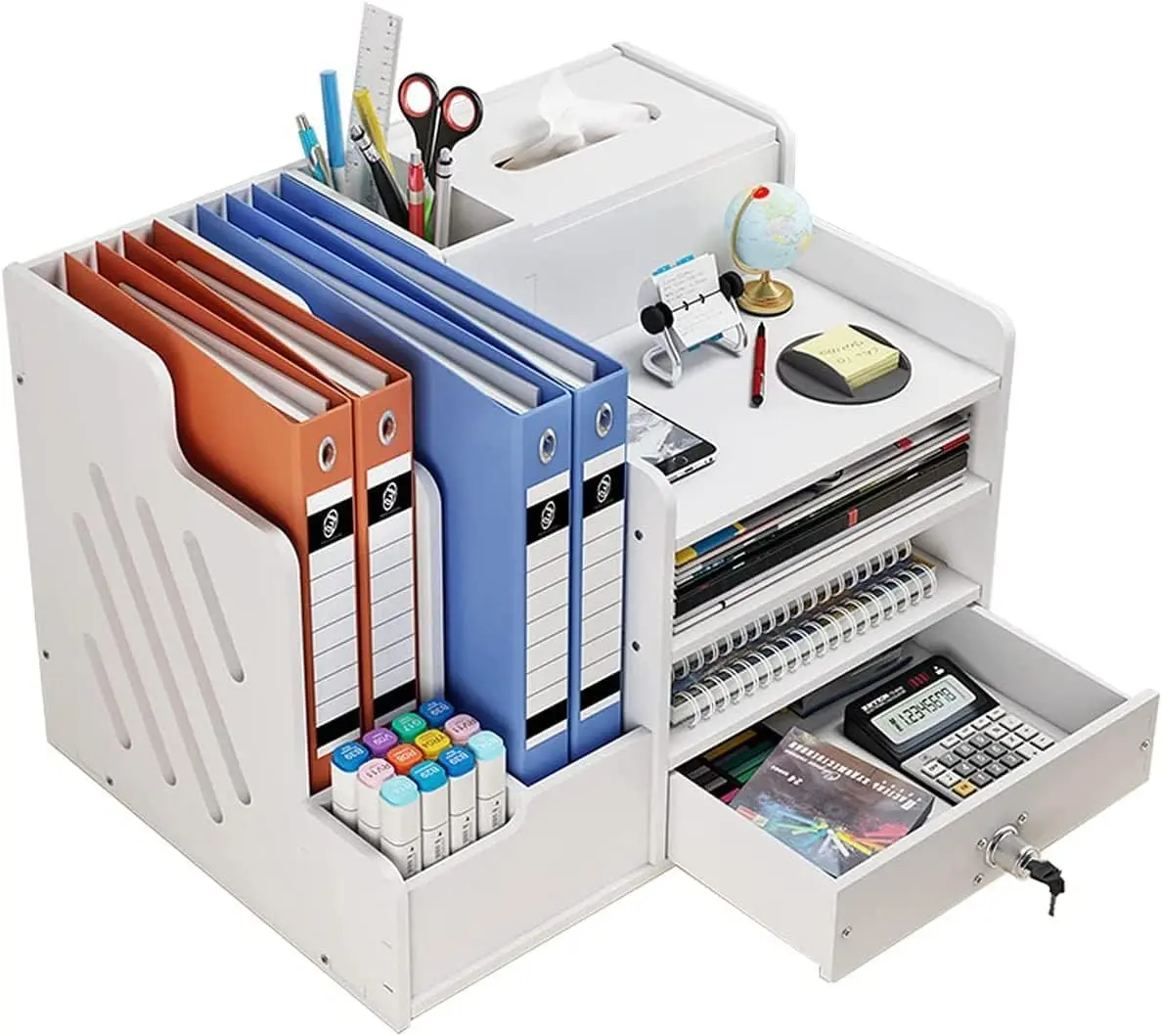 Organizador de Mesa com Gavetas,Organizador de Escritorio Oficina para Papéis, Material de Escritório e Papelaria, Bandeja de Mesa Branca para Artigos de Papelaria - 1