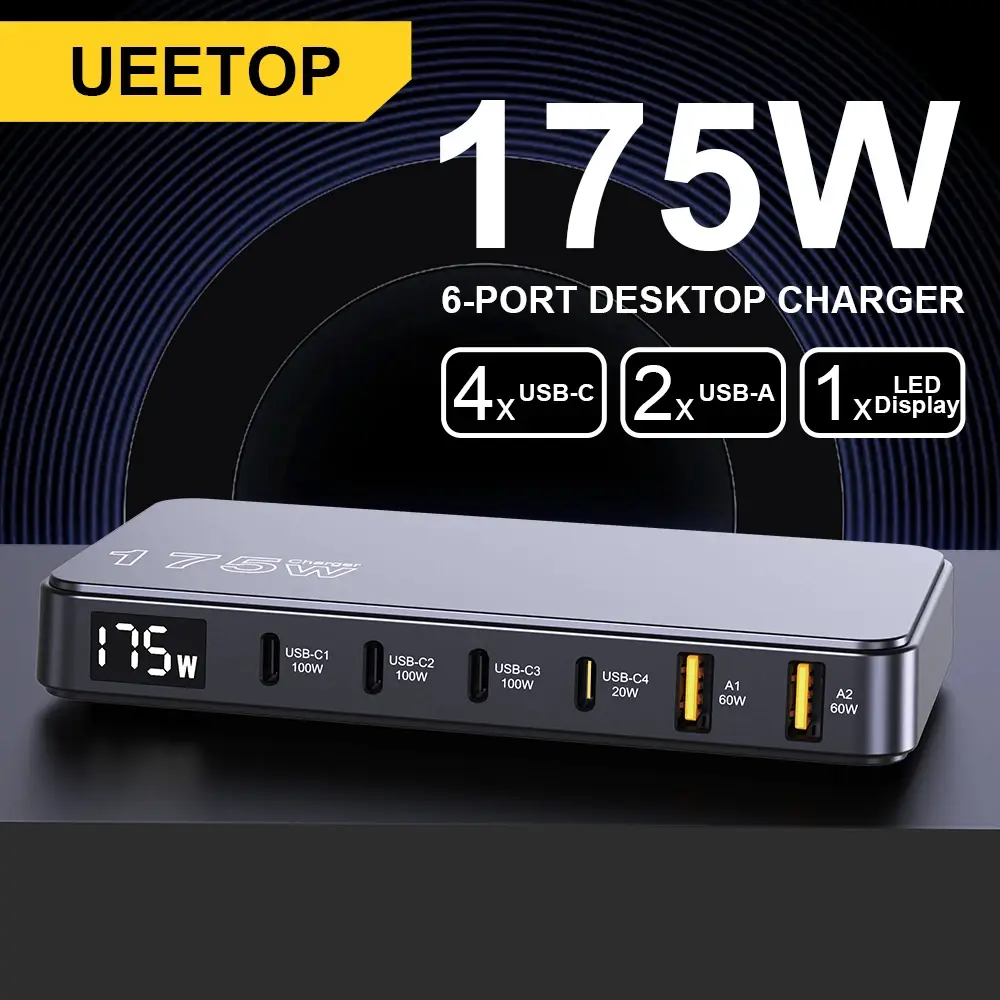 Ueetop 175W GaN Carregador USB C Display LED Carregador de mesa de 6 portas Tipo C PD 100W PPS 45W Carregamento rápido para MacBook Samsung iPhone - 1