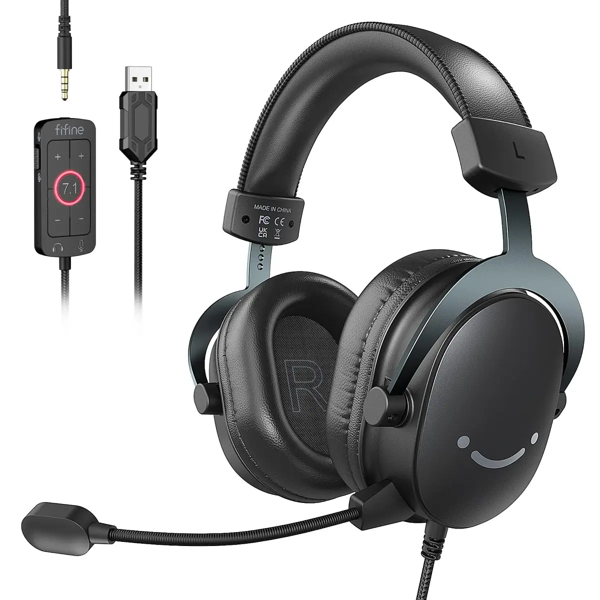 FIFINE H9 Fone de ouvido para jogos de PC com som surround 7.1 | Fone ouvido USB com microfone removível, caixa de controle, conector de 3,5 mm,com fio sobre a orelha para PS5/Xbox/Switch - 1