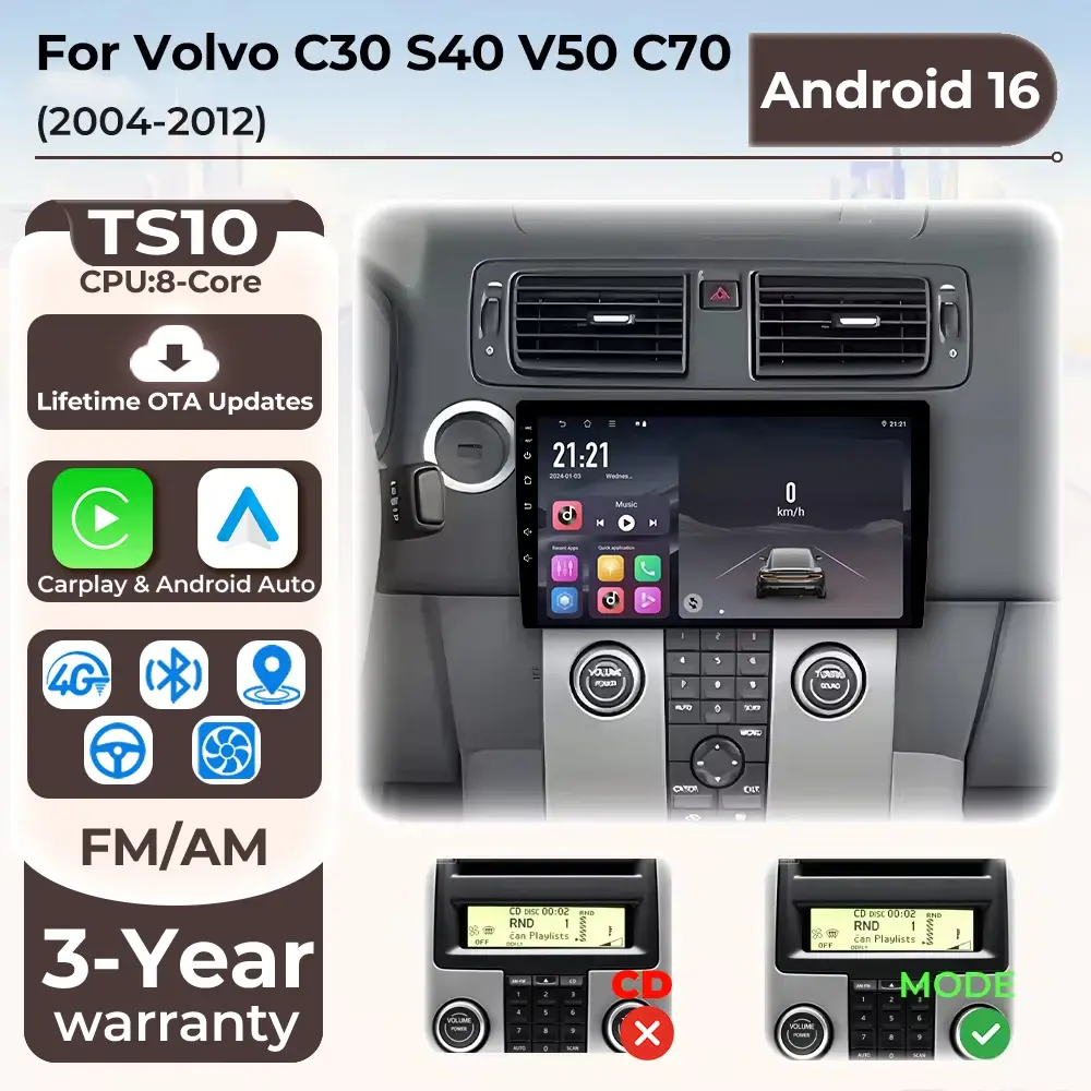 Tela Carplay para Rádio Automotivo Volvo C30 S40 V50 C70 2004 2005 2006 2007 2008 - 2012 com Android Auto, Bluetooth e Reprodutor Multimídia Automotivo.