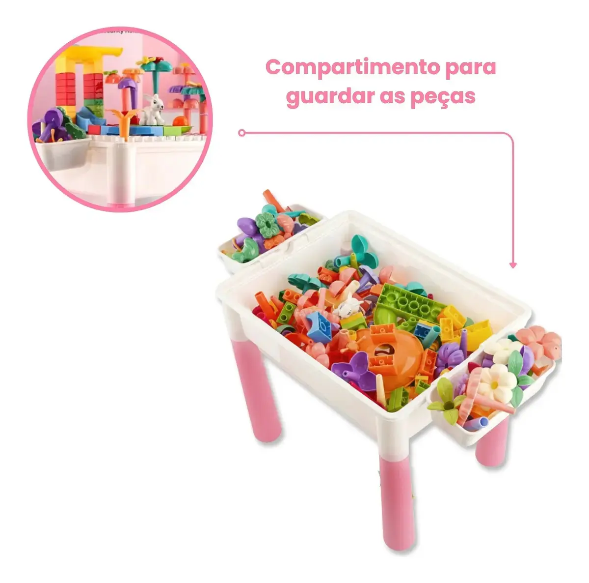 Mesa de Atividades Infantil 2 em 1 com Cadeira Orelhinha para Blocos de Montar e Desenhar Rosa thumbnail 3