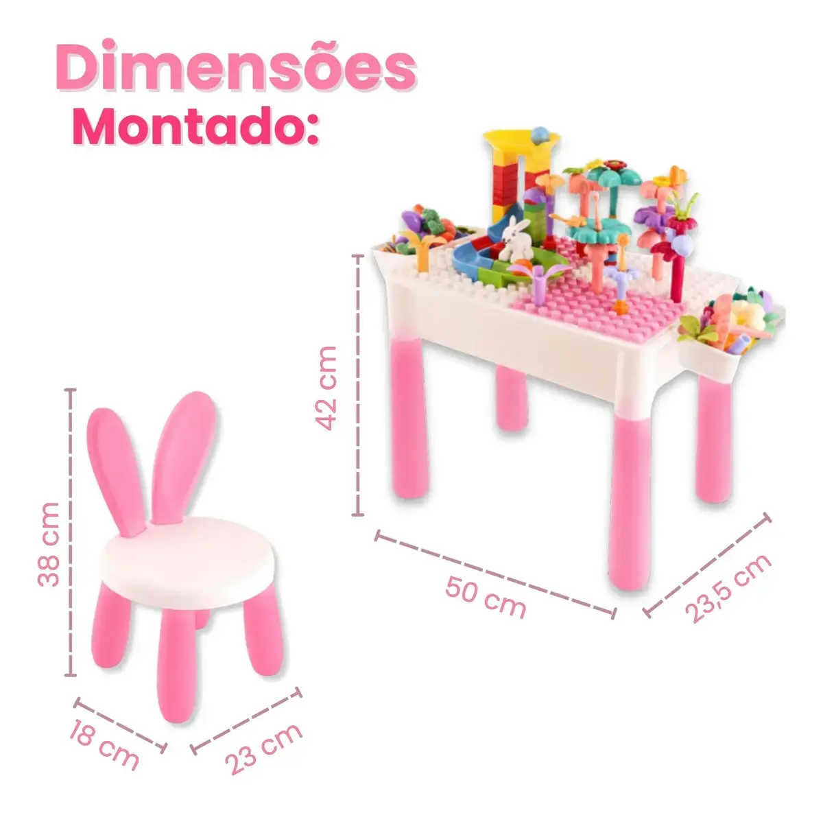 Mesa de Atividades Infantil 2 em 1 com Cadeira Orelhinha para Blocos de Montar e Desenhar Rosa thumbnail 4