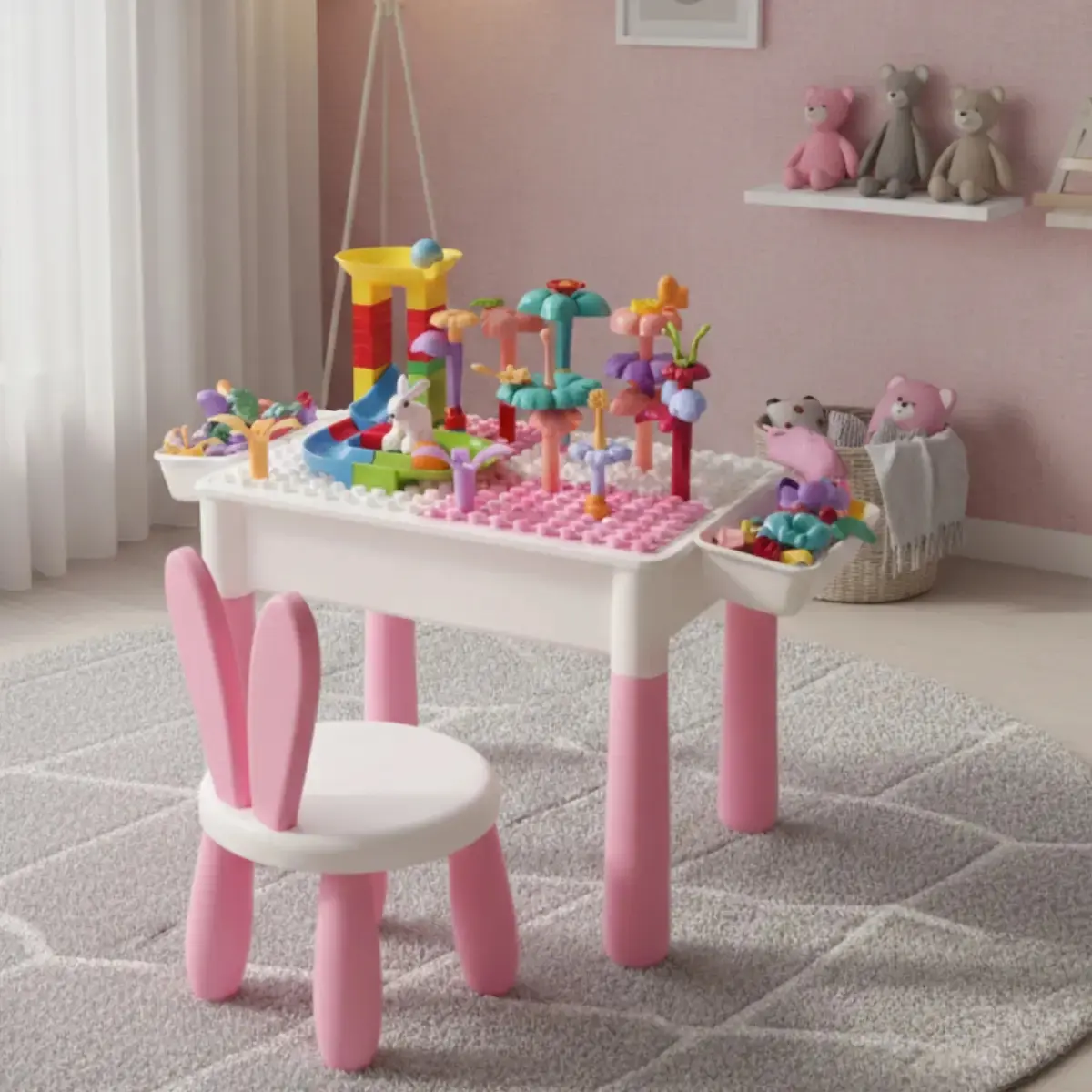 Mesa de Atividades Infantil 2 em 1 com Cadeira Orelhinha para Blocos de Montar e Desenhar Rosa thumbnail 5