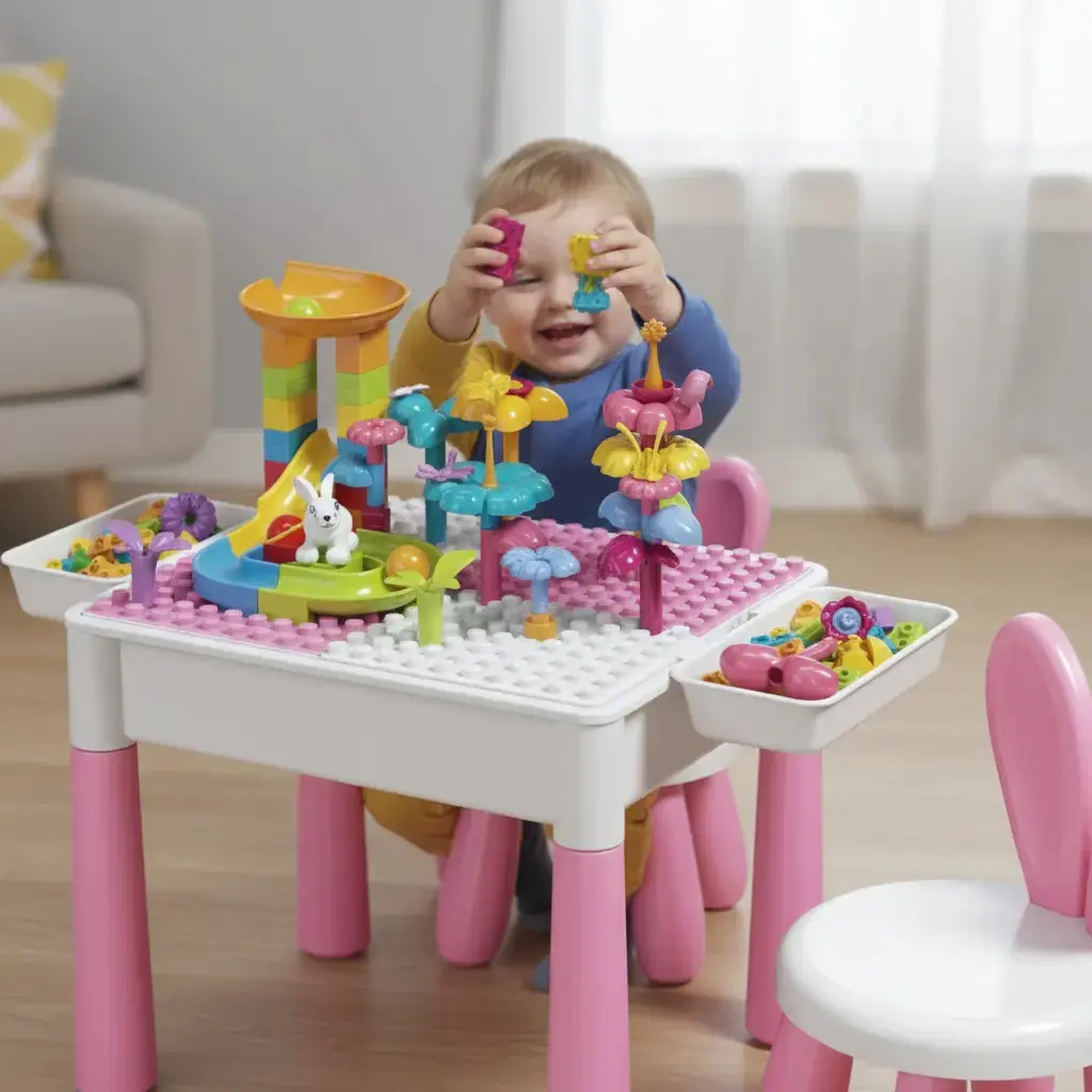 Mesa de Atividades Infantil 2 em 1 com Cadeira Orelhinha para Blocos de Montar e Desenhar Rosa thumbnail 6