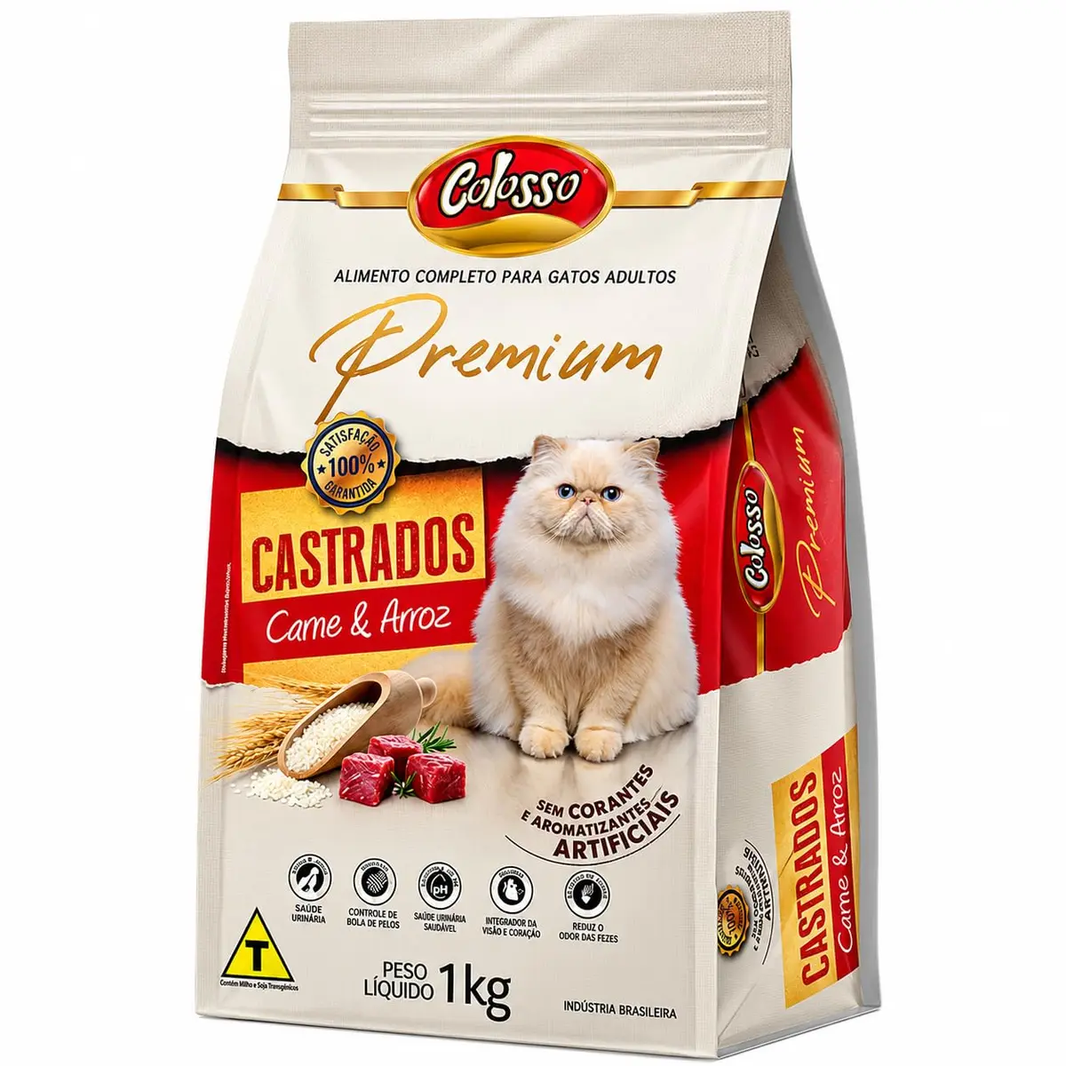 Colosso Premium Ração Gato Castrado Sabor Carne e Arroz 1kg | Controle de Peso, 33% Proteína Bruta, Livre corantes e aromatizantes artificiais - 1