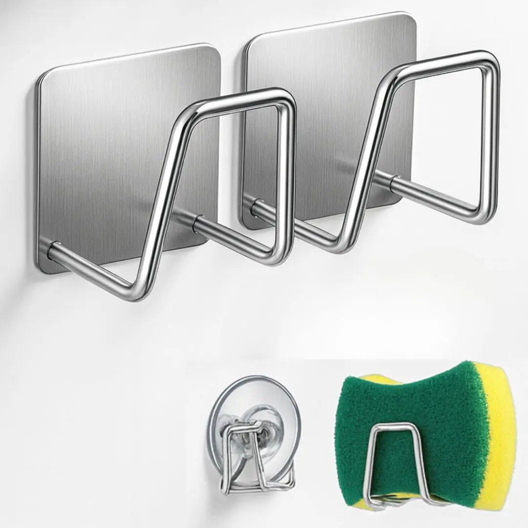 Kit 2 Suportes de Esponja Inox – Gancho Adesivo para Pia, Cozinha e Banheiro, Fixação Forte, Inoxidável e Durável – Ideal para Bucha, Detergente e Organização Sem Furos (2)