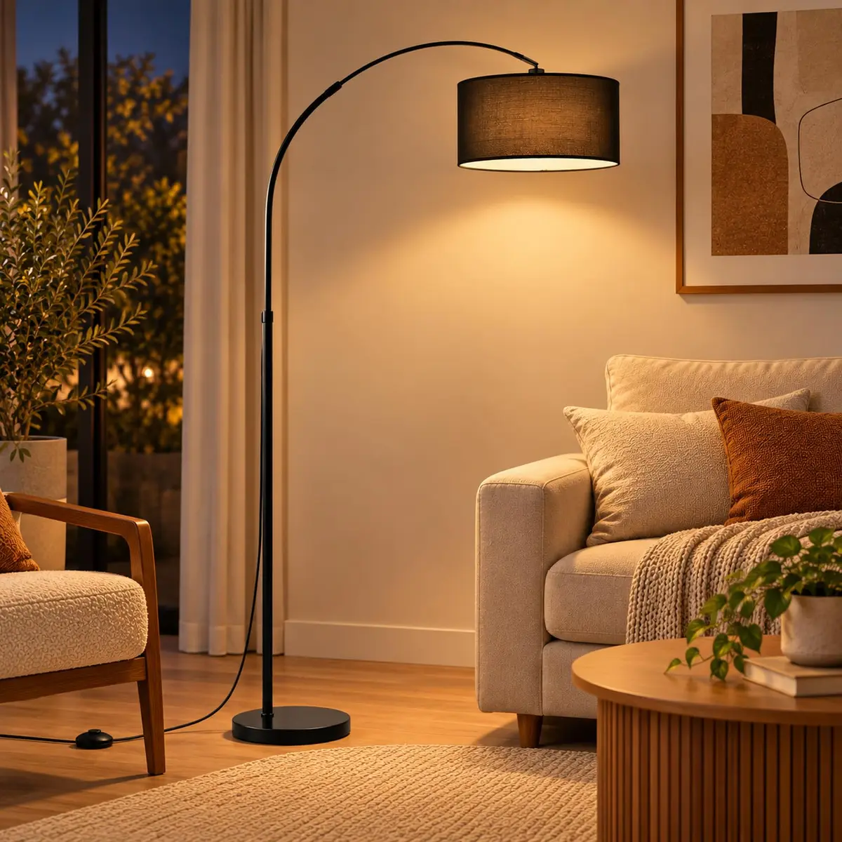 Luminária de Chão E27 12W 3 Cores Abajur para Sala e Quarto | Lâmpada com lâmpada E27 12W, 3 temperaturas, cúpula de linho, 960 lm, base metálica e interruptor de pé.175*34*25CM