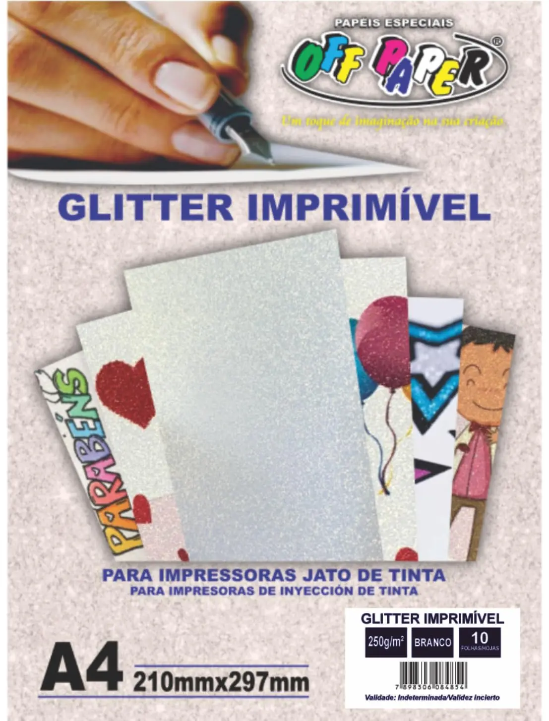 OFF PAPER Papel Glitter Imprimível A4 250g/m² – 10 Folhas – Brilho Metálico para Convites e Artesanato