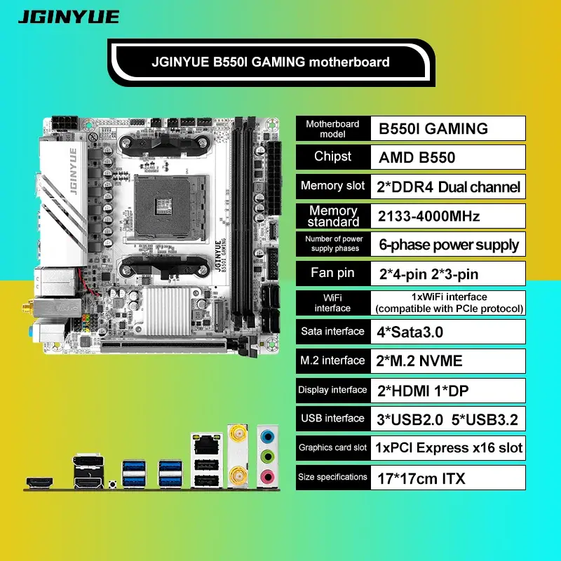 Placa-mãe Mini ITX JGINYUE AMD B550 AM4, compatível com processadores Ryzen R5 da série 4000/5000, memória RAM DDR4, PCI-E 4.0, B550i GAMING. - 1