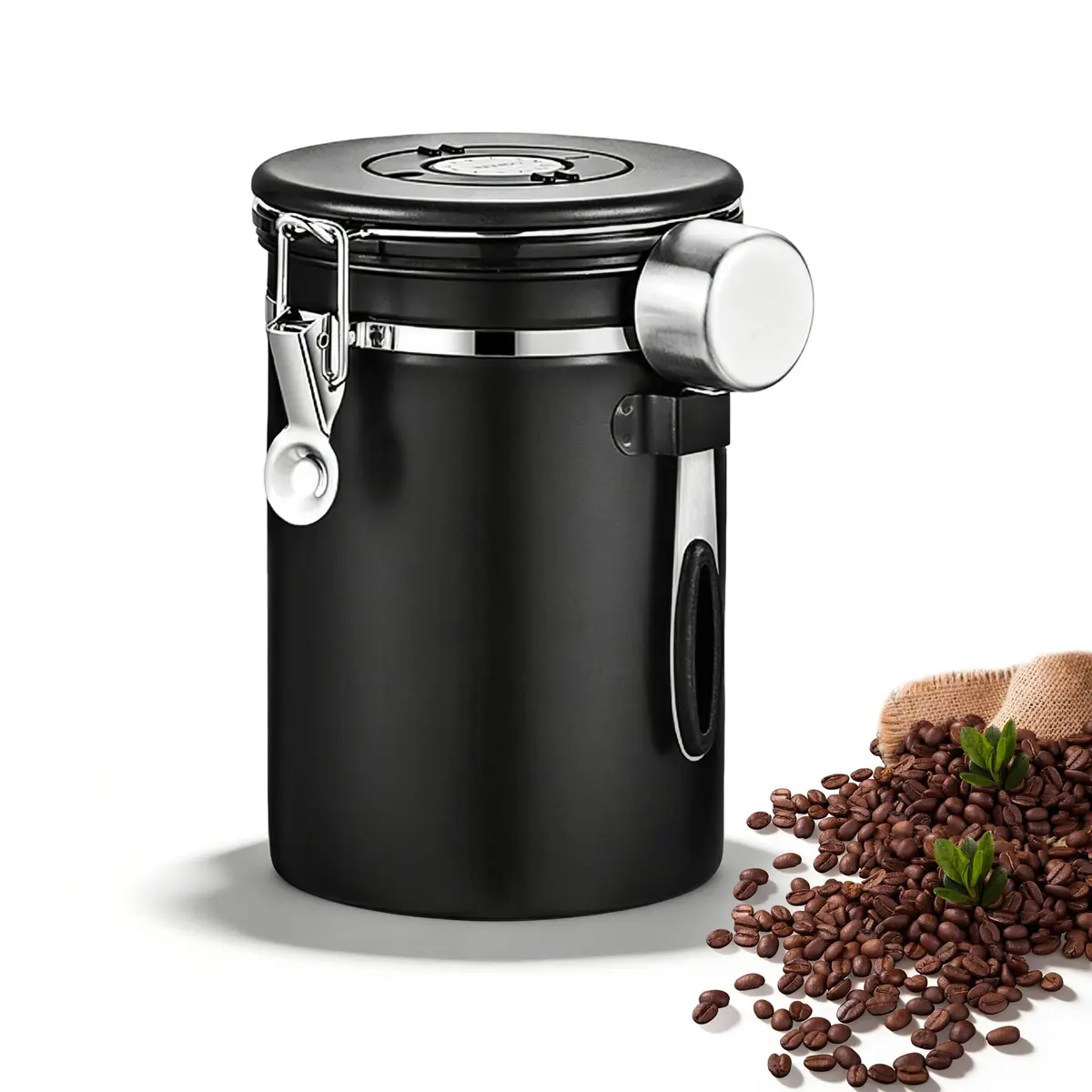 Recipiente Para Café 1,8L Inox 304 com Colher, Para Chá, Farinha e Aveia, Preto