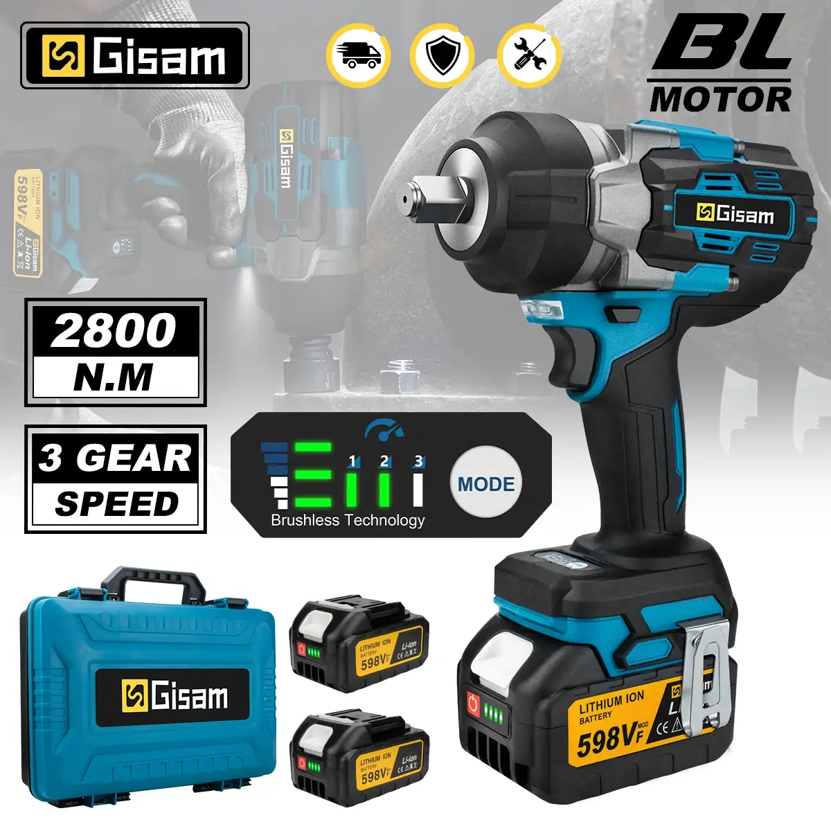 Gismo 2800N.M Chave elétrica sem escova 1/2 Polegada Chave de impacto Chave de fenda elétrica Broca compatível com Makita 18V Bateria Pin