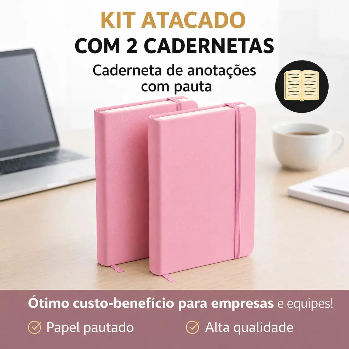 Kit 2 Caderneta De Anotação Executiva Rosa Claro Agenda 80 Folhas Pautadas Tamanho A5 Capa em Couro Sintético Marcador de Página e Elástico Ideal para Eventos Corporativos Religiosos Brindes
