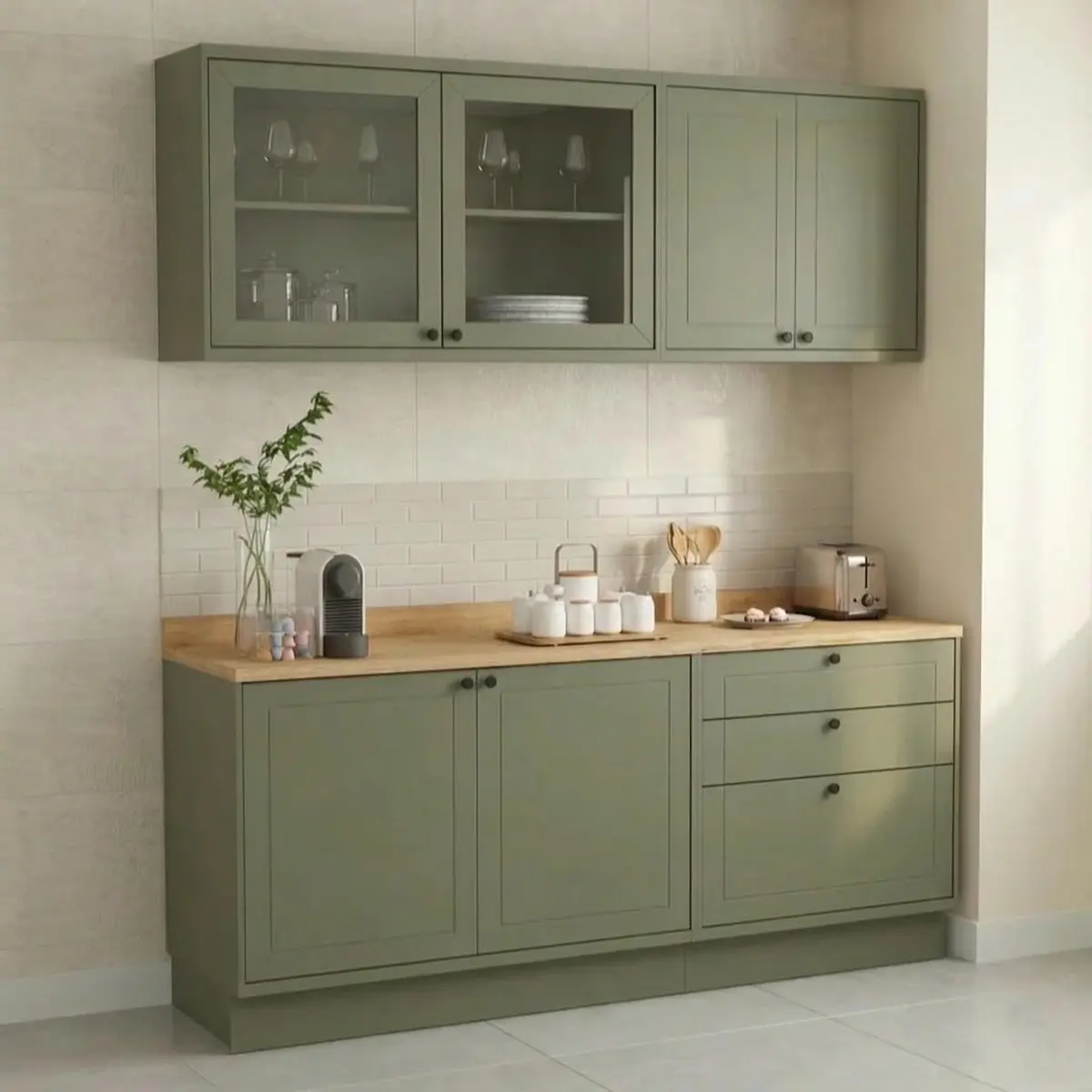 Cozinha Compacta 4 Peças em MDF 6 Portas 3 Gavetas com Vidro Sevilha Verde Hill Verde Hill