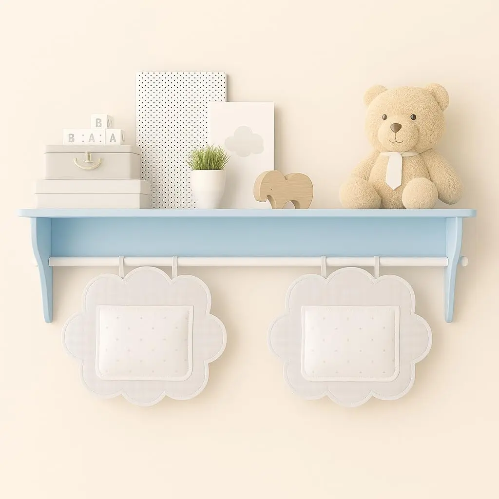 Prateleira Infantil Porta Fraldas 60cm em MDF com Varão para Quarto de Bebê, Organizador de Parede Decorativo para Fraldas, Roupinhas e Acessórios (Kit Instalação Incluso)(Prat-60-Azul Bebê) - 1