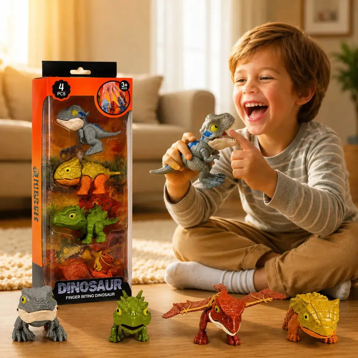 Kit 4 Dinossauros Morde Dedo Mini Miniatura Articulado Colecionável Baby Sensorial Brinquedo Educativo Infantil TEA TDAH T-Rex Velociraptor Presente Criança Menino Menina Jurássico Louis Riel Acustico