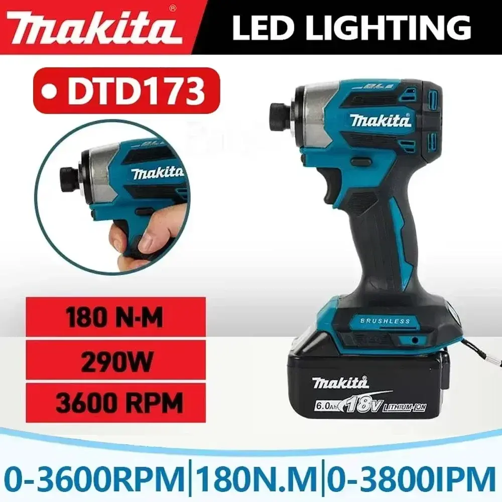 Parafusadeira de Impacto Sem Fio Makita DTD173 1800RPM 180N.m com Motor Brushless, Furadeira Elétrica para Madeira/Parafusos/Modo T, Compatível com Bateria Makita - 1