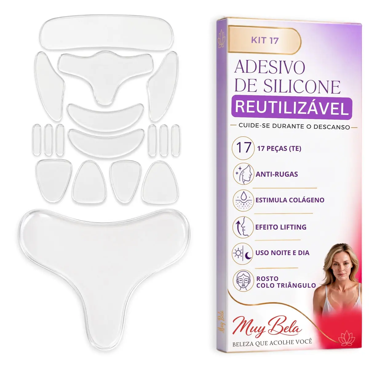 Kit 17 Adesivos Anti Rugas Silicone Reutilizável Muy Bela – Lifting Facial e Colo Patch Anti Idade Skin Care Estimula Colágeno Natural Lavável até 30x Reduz Linhas de Expressão Enquanto Dorme