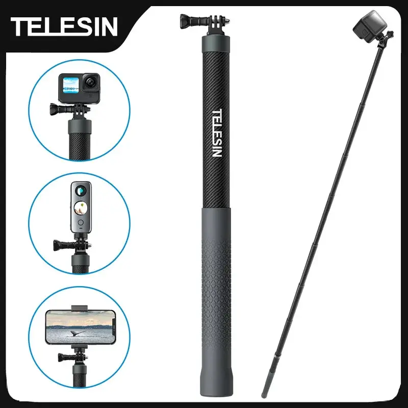 Telesin 1.2m 3m fibra de carbono selfie vara monopé extensível com 1/4 parafuso para gopro insta360 osmo ação dji câmera ação - 1