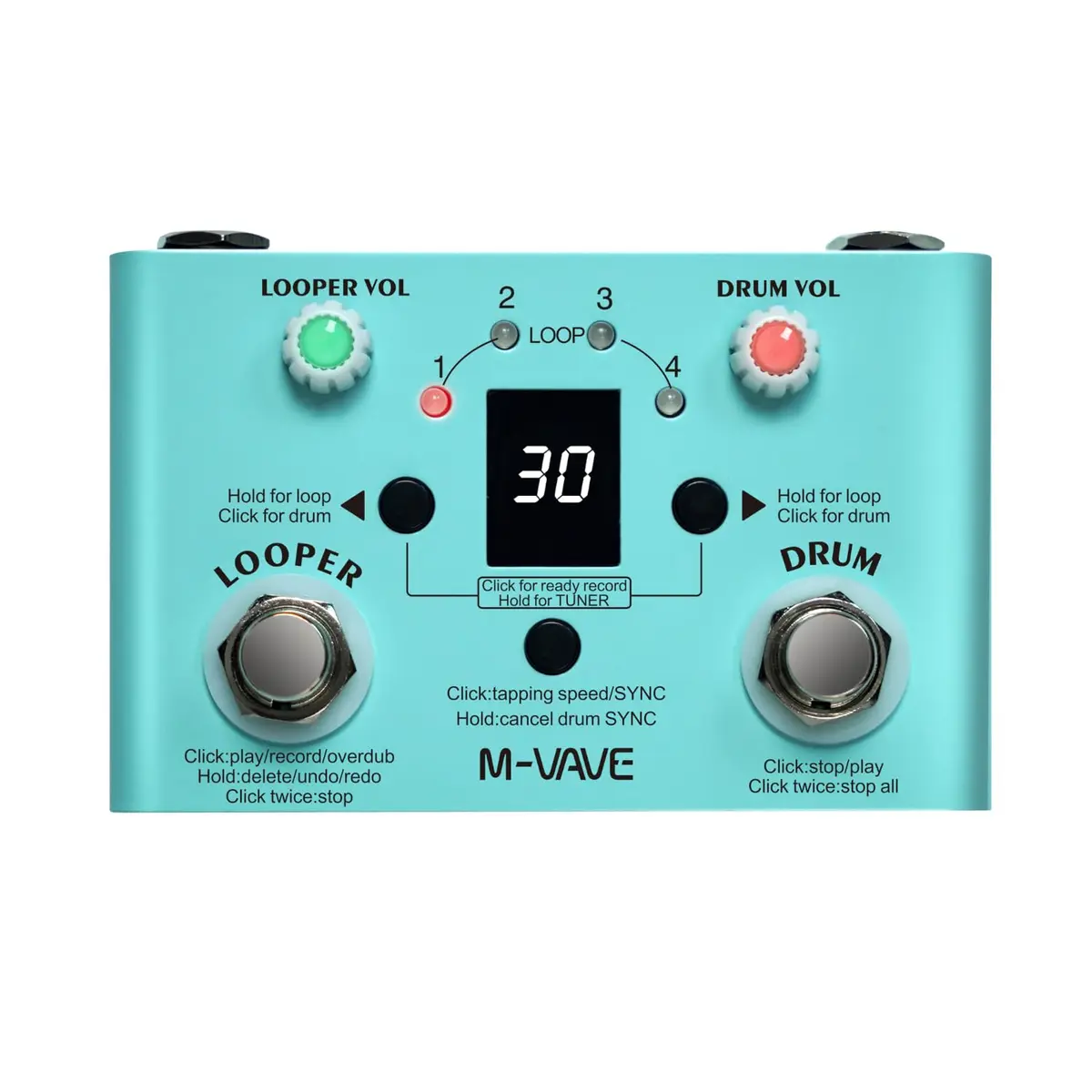 M-VAVE Pedal de Guitarra Looper e Drum Machine – 11 min de gravação em loop, 30 ritmos de bateria, afinador, app dedicado, alimentação dupla (USB ou adaptador) e sync para arranjos completos. - 1