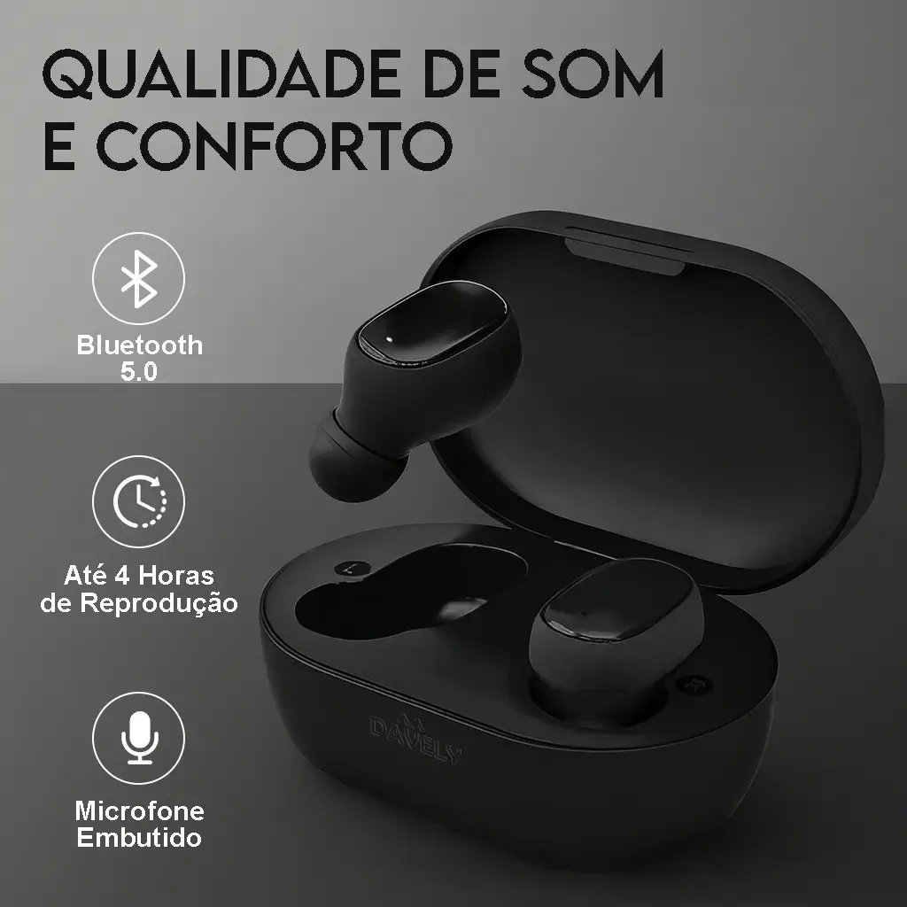 Fone de Ouvido Davely D981 TWS Sem Fio Bluetooth 5.0 In-Ear Preto com Estojo de Carregamento para Android e iPhone thumbnail 3