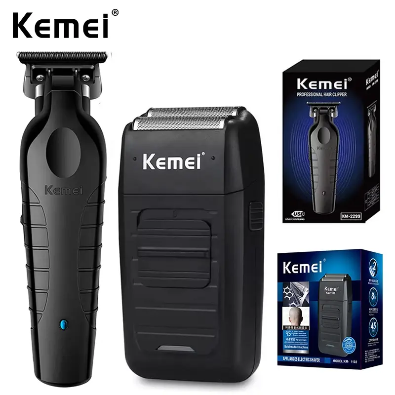 Máquina de Cortar Cabelo Elétrica Profissional Kemei, Aparador de Barba Recarregável USB, Kit de Barbeador Elétrico Masculino KM-2299 KM-1102 - 1