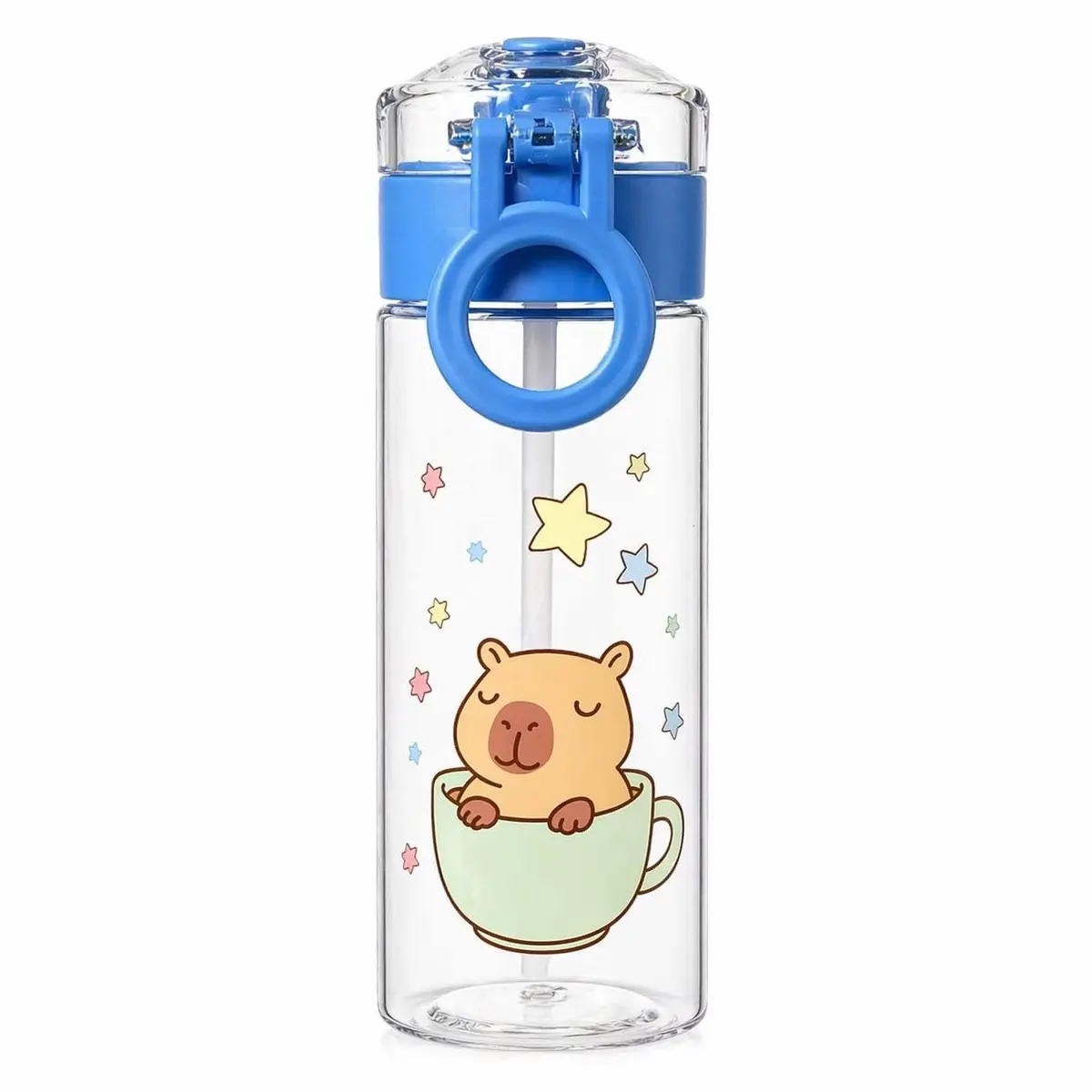 Garrafa de Água e Suco com Desenho de Capivara, 440 ml, Transparente com Tampa e Alça, Desenhos Sortidos (Azul)